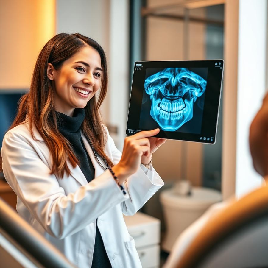 Dentist explaining an x-ray to a happy patient