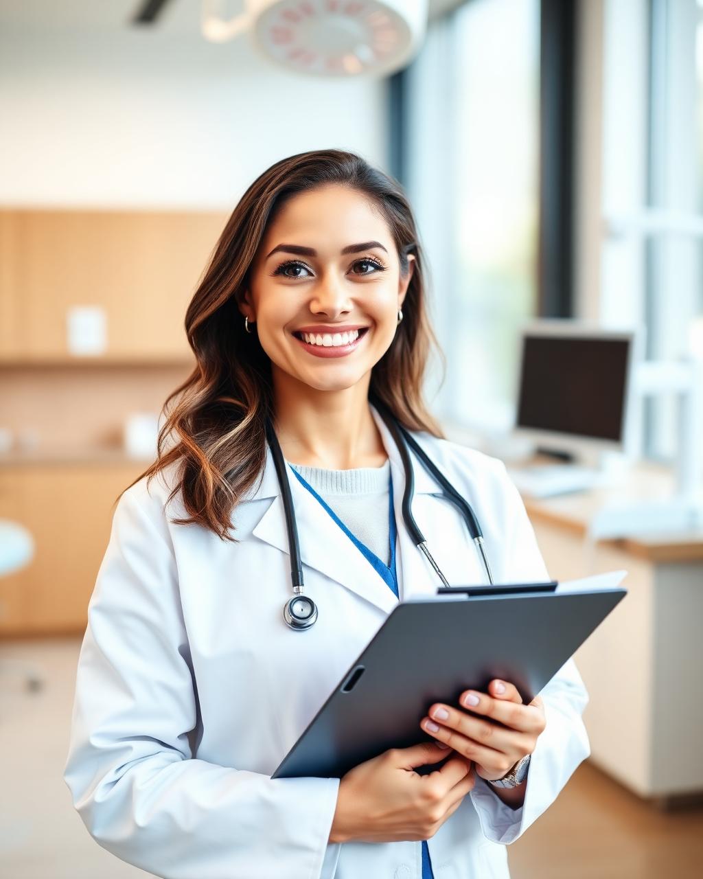Smiling dentist holding a clipboard in a bright modern clinic